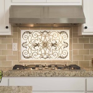 Decorative handcrafted mosaic tile backsplash art featuring European inspired scroll and line design