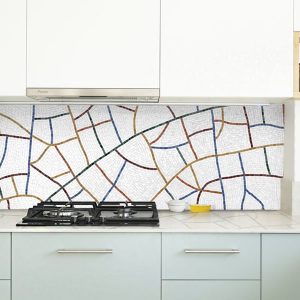 Decorative handcrafted mosaic tile backsplash art featuring abstract colorful lines