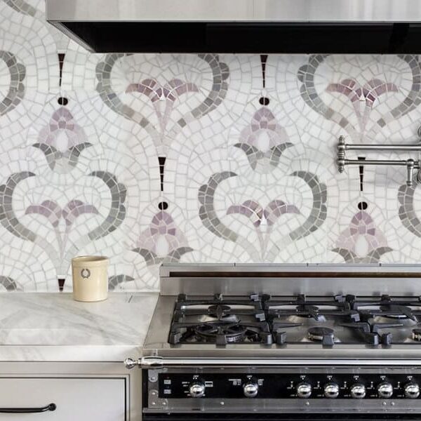 Decorative handcrafted mosaic tile backsplash art featuring simplified European motifs