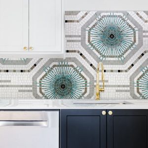 Decorative handcrafted mosaic tile backsplash art featuring circuit board inspired pattern and octagons