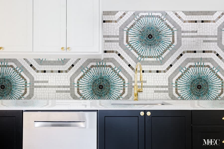 Decorative handcrafted mosaic tile backsplash art featuring circuit board inspired pattern and octagons