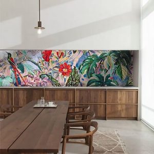 Decorative handcrafted mosaic tile backsplash art featuring tropical rainforest plant and animals