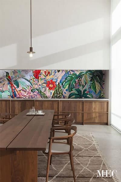 Decorative handcrafted mosaic tile backsplash art featuring tropical rainforest plant and animals