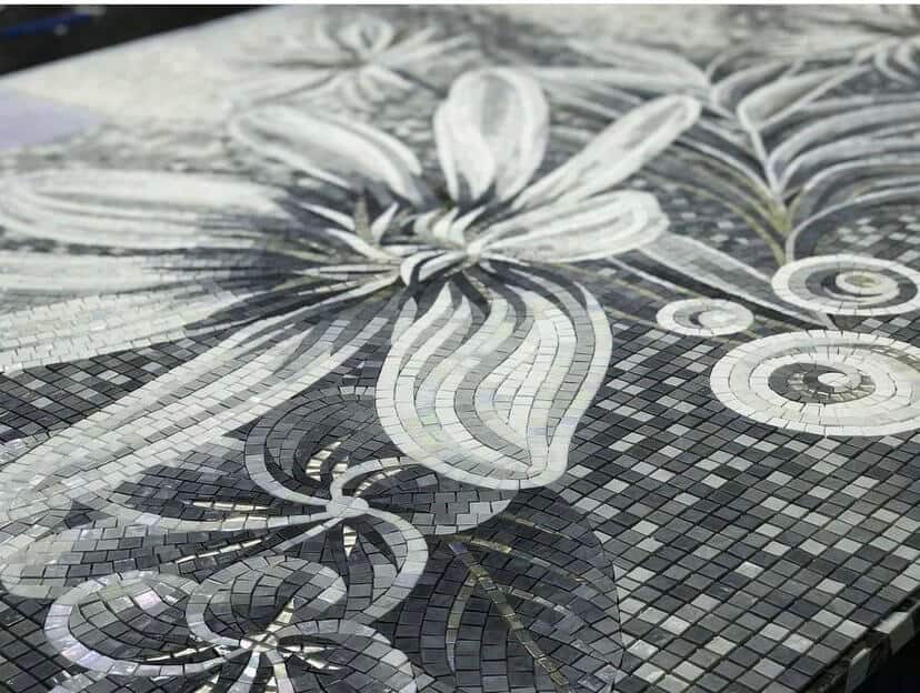 Monochrome grayscale floral glass tile pattern made with Murano mosaic