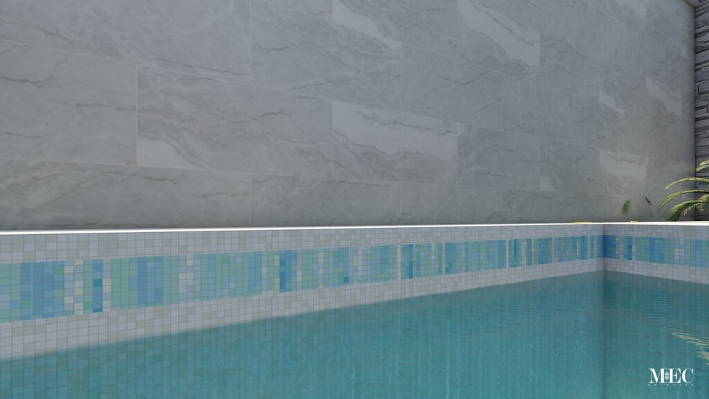 3D rendering showing a glass mosaic clad swimming pool withan abstract aqua and green PIXL design for waterline tile