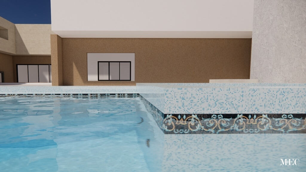 3D rendering showing a glass mosaic clad swimming pool with brown and yellow border design for waterline tile