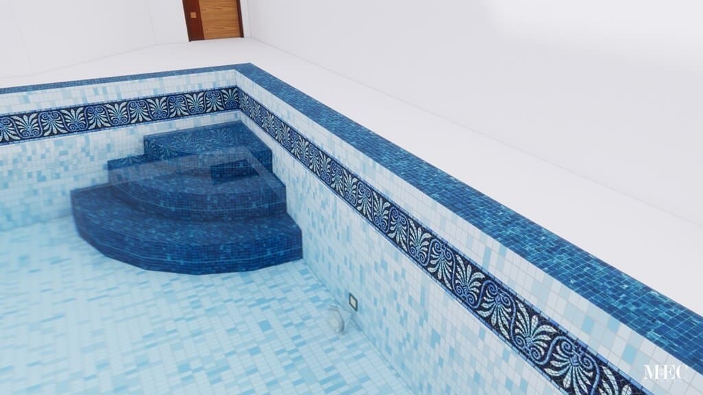 3D rendering showing a glass mosaic clad swimming pool with a Greek border design for waterline tile