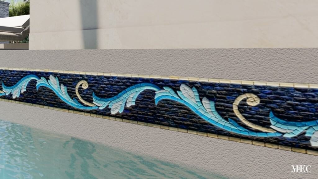 3D rendering showing a glass mosaic clad swimming pool witha decorative acanthus leaf and scroll border for waterline tile