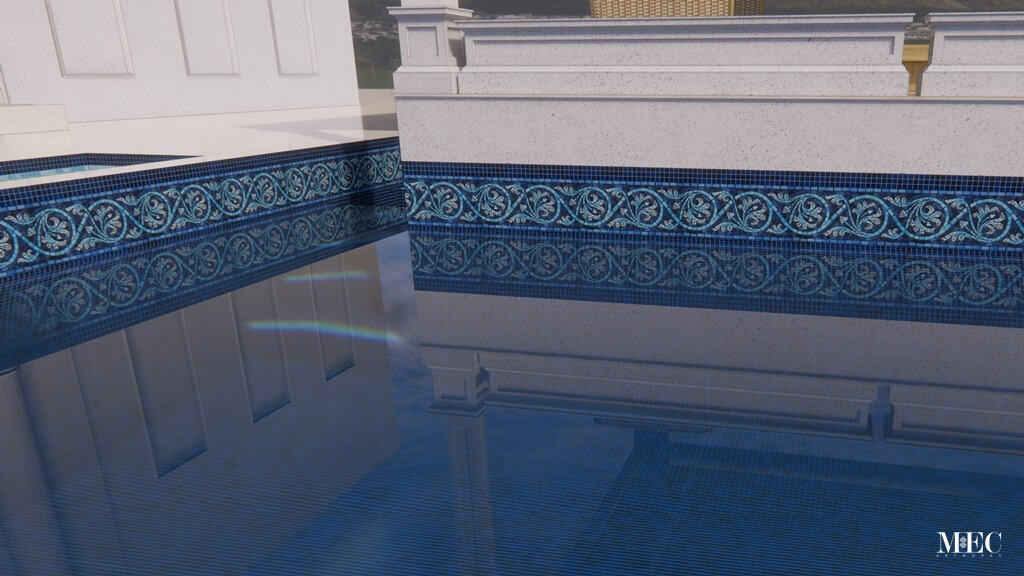 3D rendering showing a glass mosaic clad swimming pool with a serene blue ornamental border design for waterline tile
