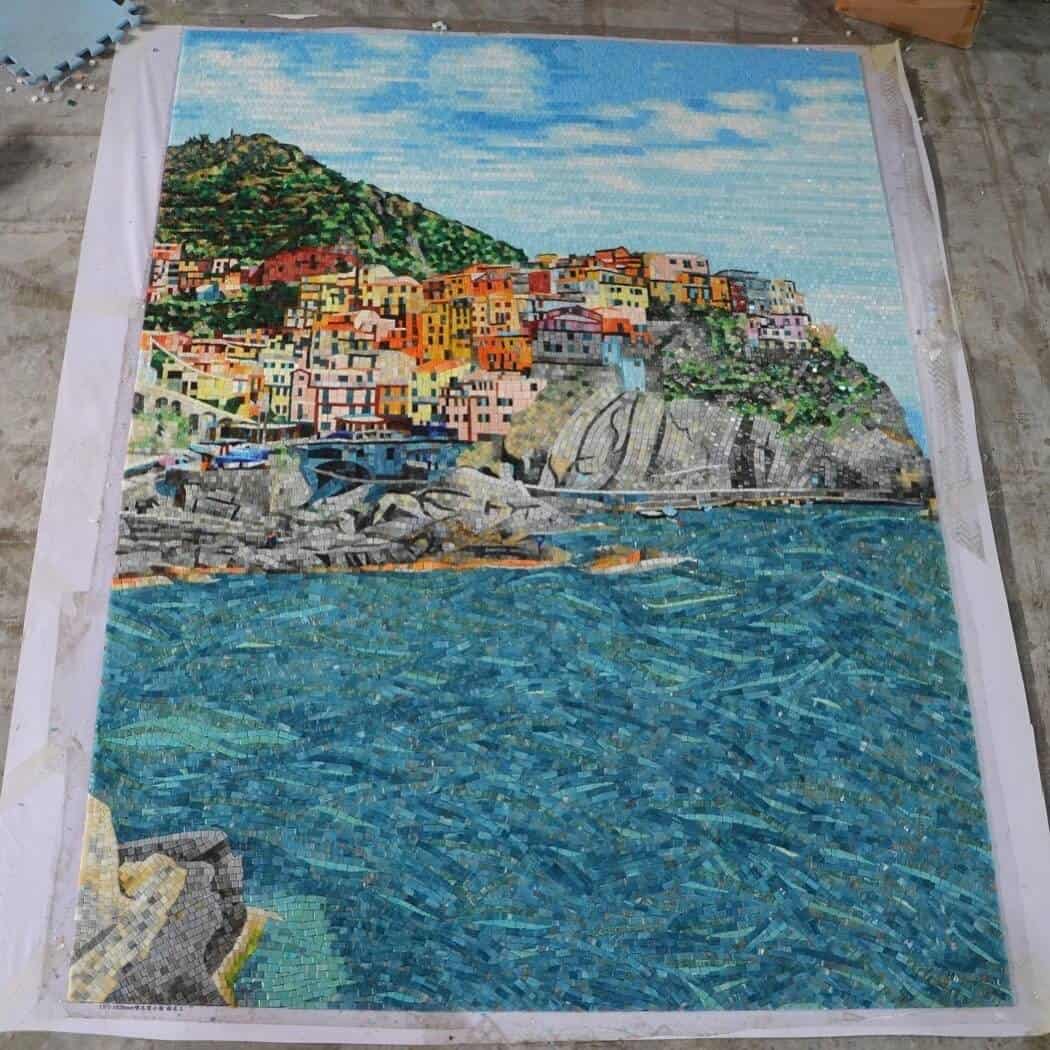 landscape mosaic art with colorful houses of the North Italian Cinque Terre town of Manarlo