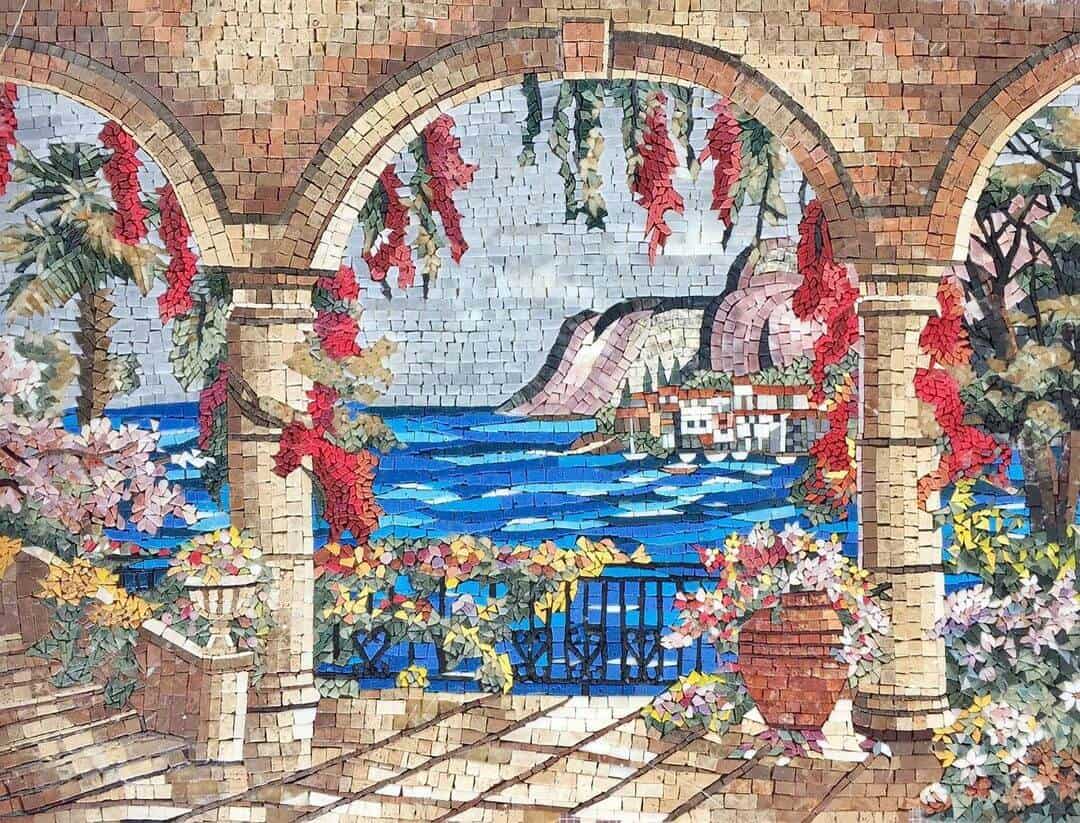 marble tile landscape mosaic art Tuscan seascape flowers, ocean
