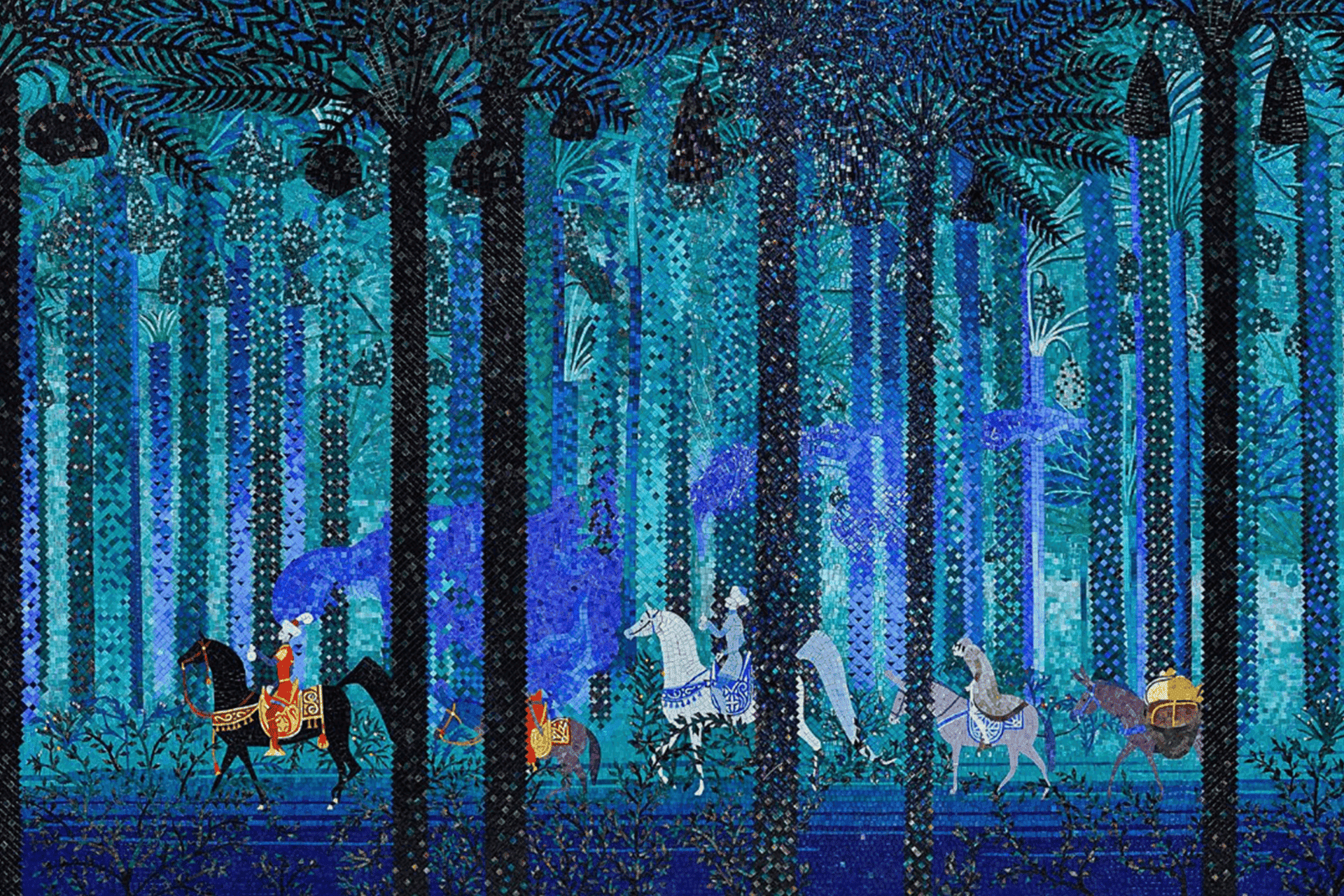 men on horses in the woods at twilight custom mosaic art