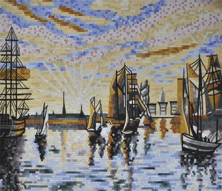Seascape mosaic featuring sail boats, made with hand-cut glass mosaic tiles.