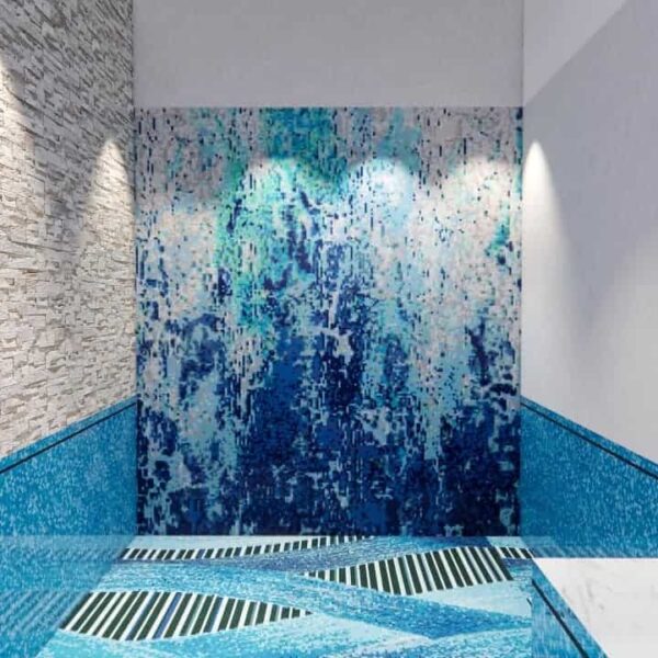 This image is showing Our Miran design- an aqua blue pixelated pool mosaic pattern with all art