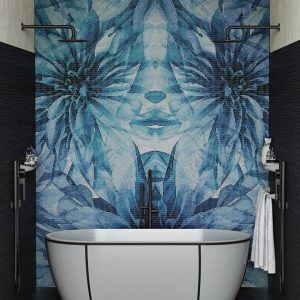 Blu Haven features delicate translucent florals, water lilies, against a neutral light backdrop. Big see-through petals mirror symmetry.