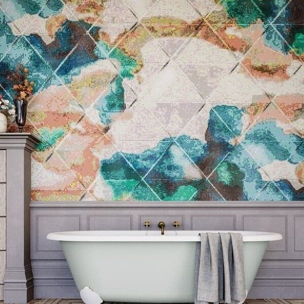 Glass mosaic abstract pattern featuring diffusing ink an diagonal faux tile effect