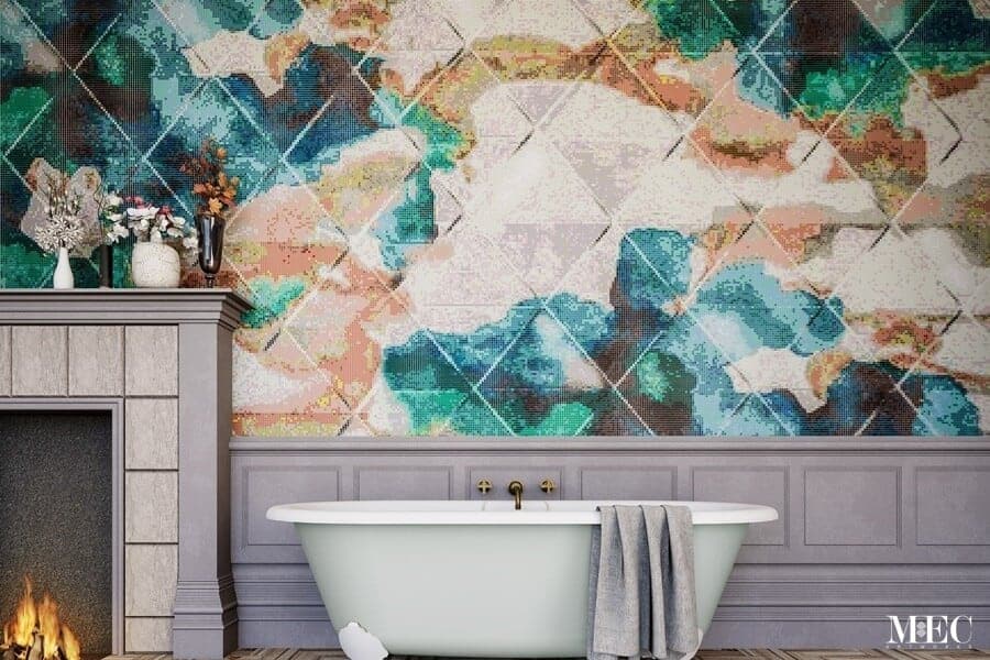 Glass mosaic abstract pattern featuring diffusing ink an diagonal faux tile effect