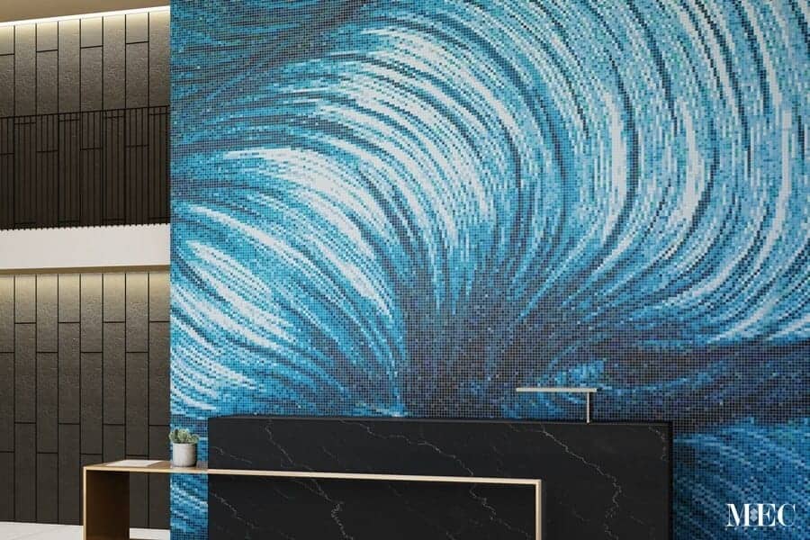 Abstract glass mosaic art for walls and swimming pools. blue glass mosaic