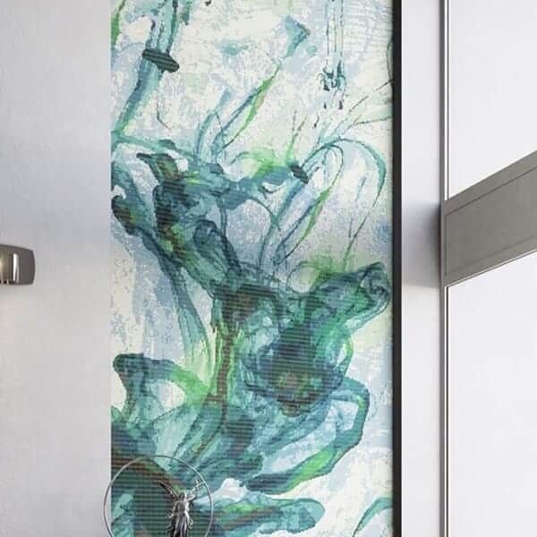 Malachite ink glass mosaic tile design is reminiscent of colored ink diffusing beautifully, in water.