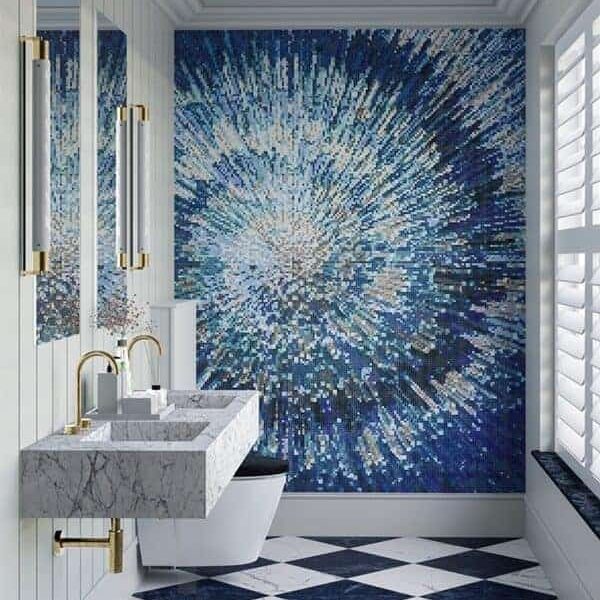 Blue glass mosaic semi abstract art inspired by sparkler firework sticks.