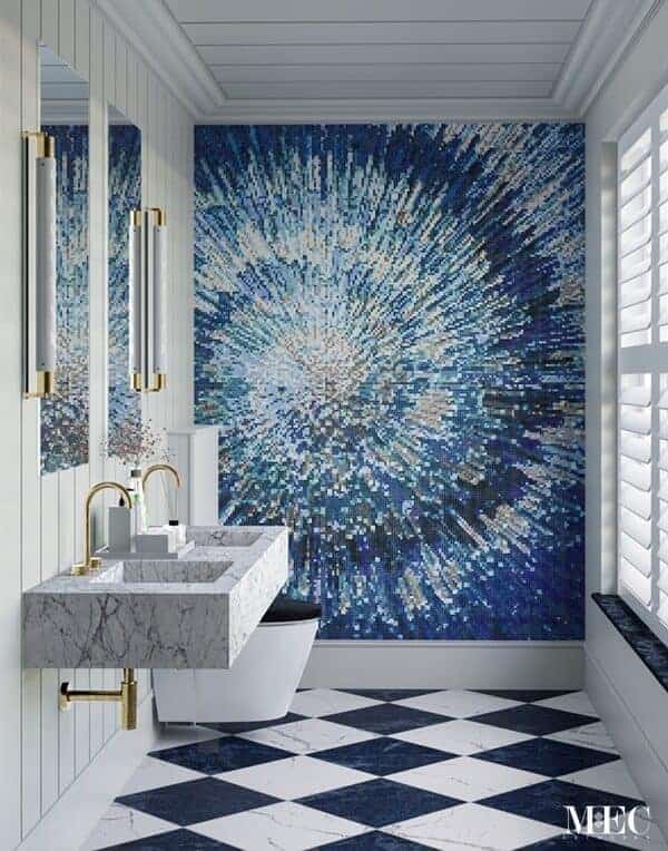 Blue glass mosaic semi abstract art inspired by sparkler firework sticks.