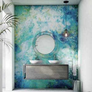 Vale Mist abstract glass mosaic design is perfect for modern interiors.It features a cool color palette