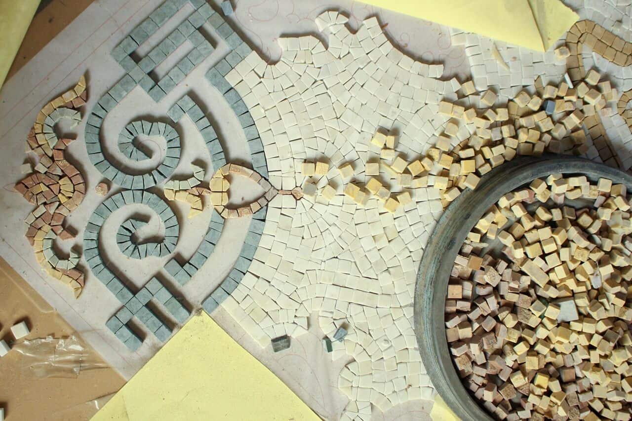 A WIP marble mosaic floor design photographed at our Asian workshop.