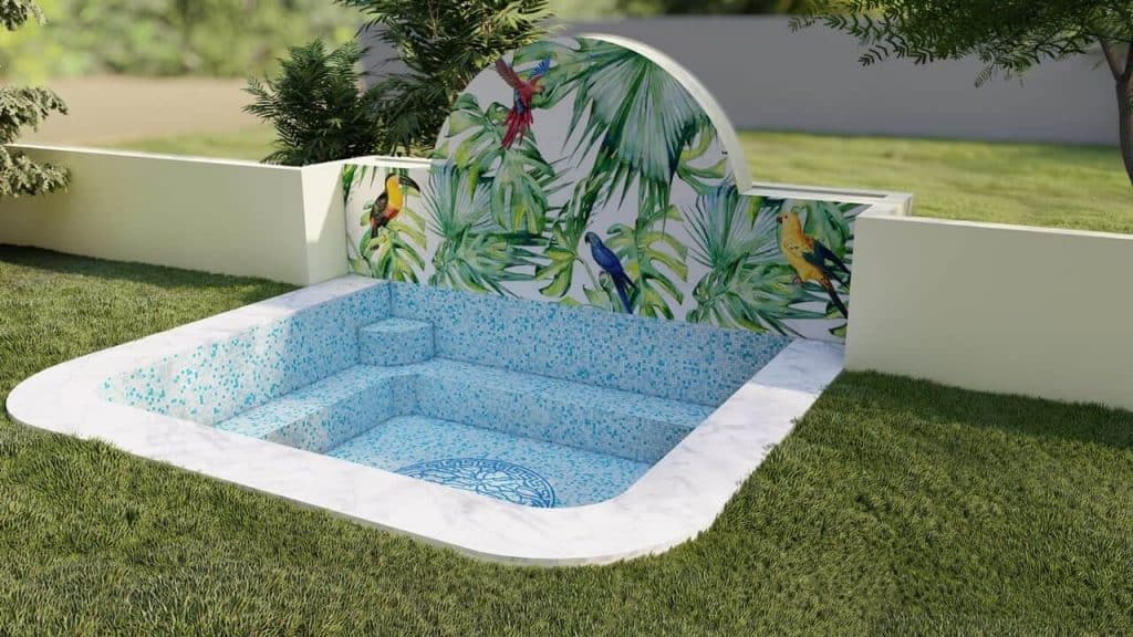 Three dimensional landscape design render depicting glass mosaic Versace design and exotic bird and trees wall