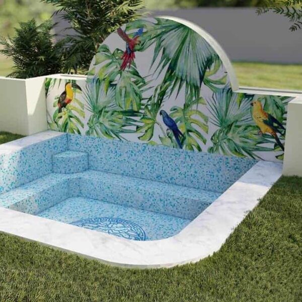 Three dimensional landscape design render depicting glass mosaic Versace design and exotic bird and trees wall