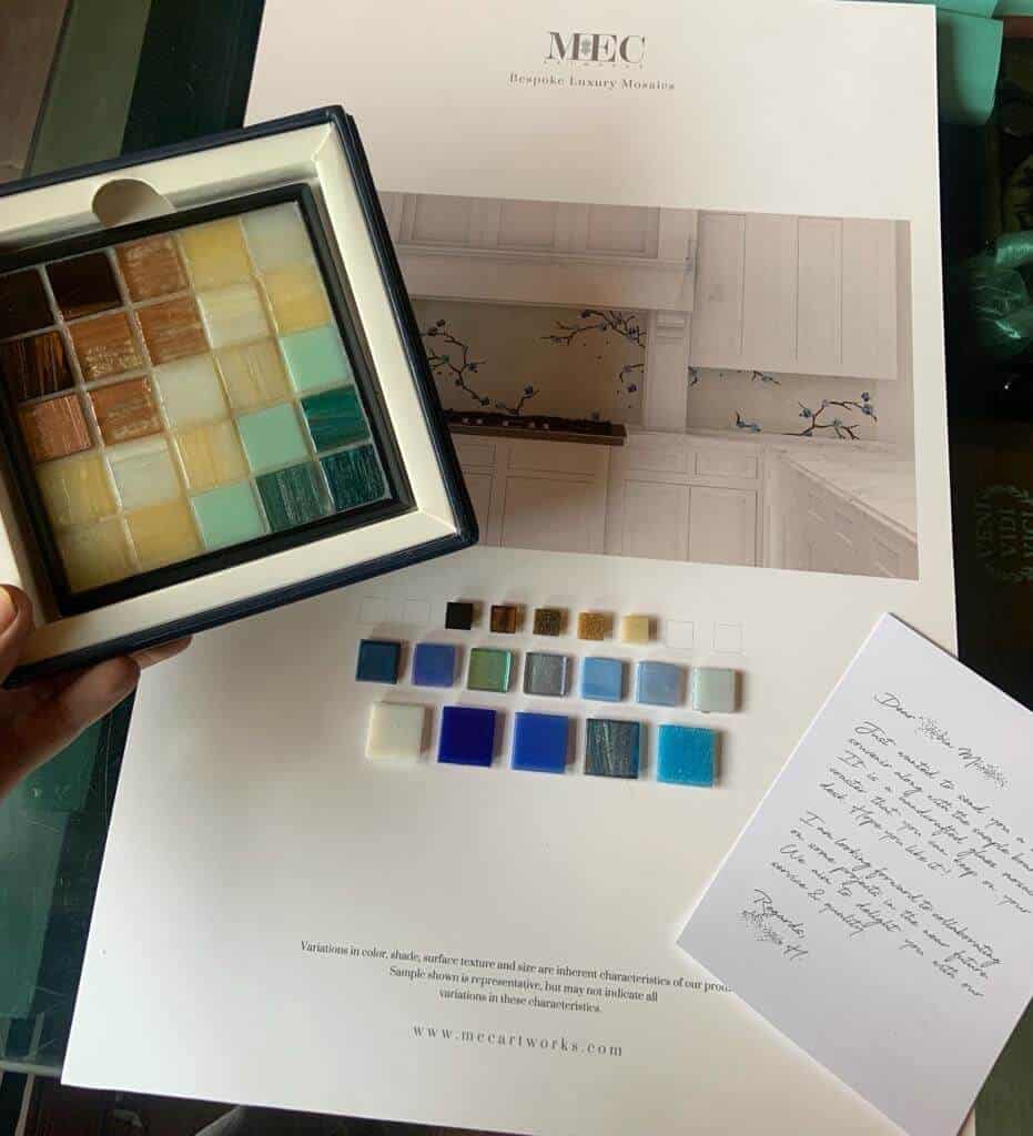 Selection of colorful glass mosaic tiles for kitchen backsplash design and renovation ideas.