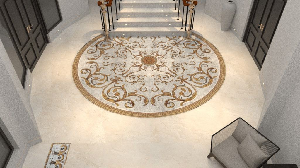 Lacuna medallion marble mosaic rug white interior design render