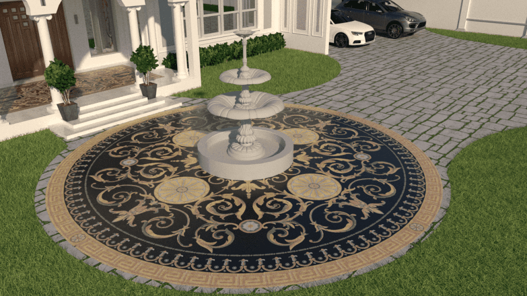 3D render of house exterior with Blaise black and gold marble mosaic decorative material around a three tier fountain blaise