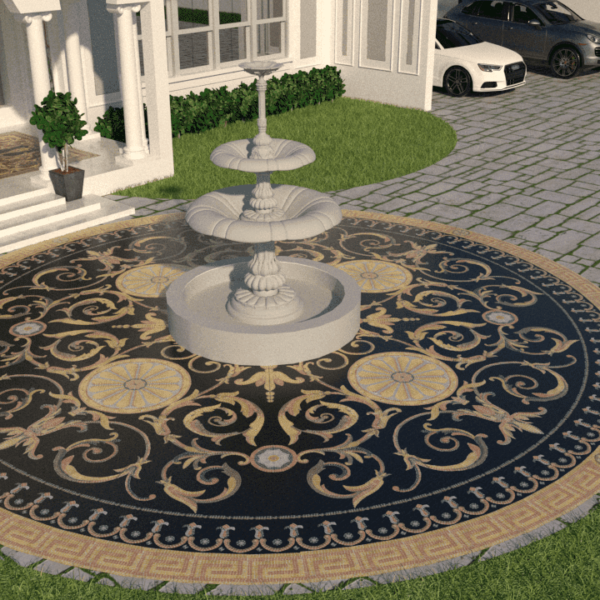 3D render of house exterior with Blaise black and gold marble mosaic decorative material around a three tier fountain blaise