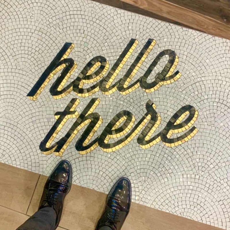 'hello there' custom designed mosaic floor logos signage