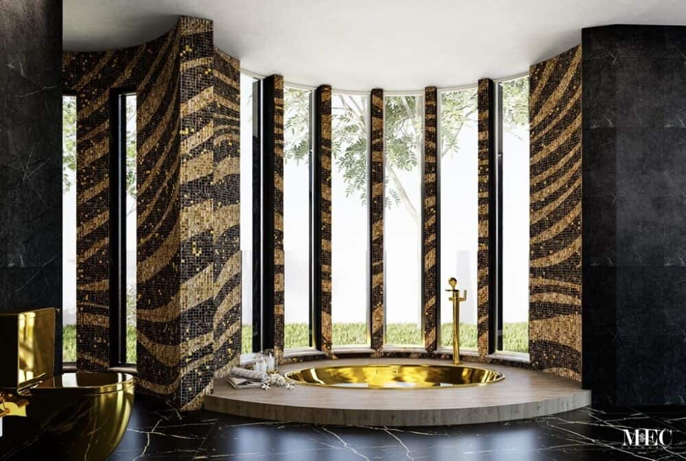 black and gold bathroom curving wall glass mosaic tiles