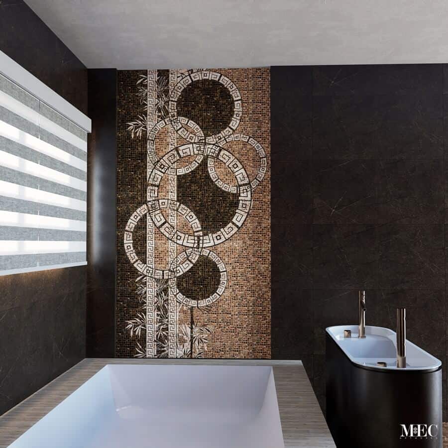 copper and brown mosaic tile wall meander circles leaves (2)