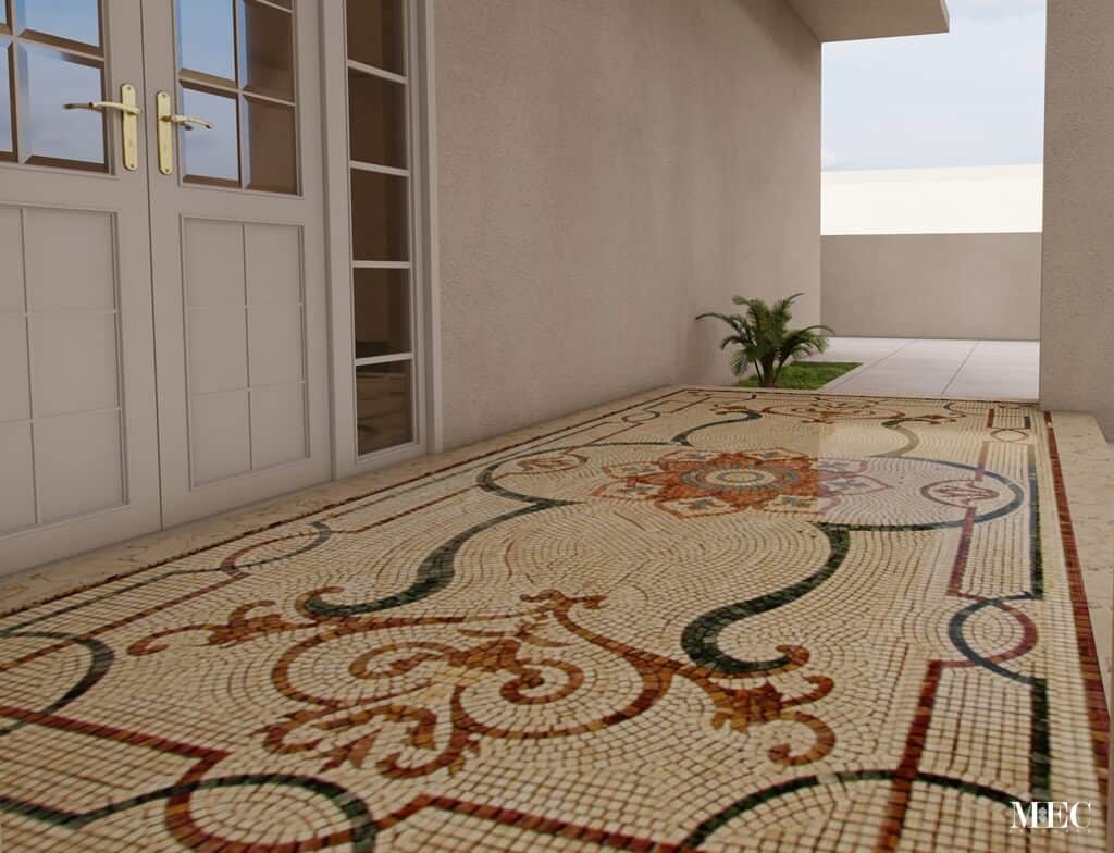 handcrafted marble mosaic tile rug enterance floor render algerian home