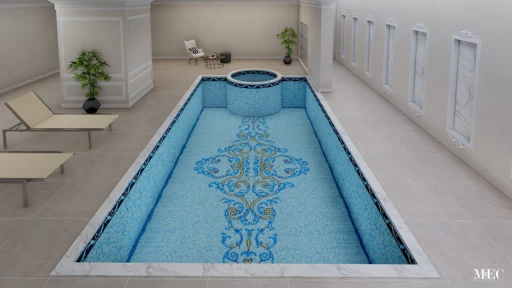 this image is showing a a high quality custom made European style decorative pattern glass mosaic pool ornamental waterline tile idea