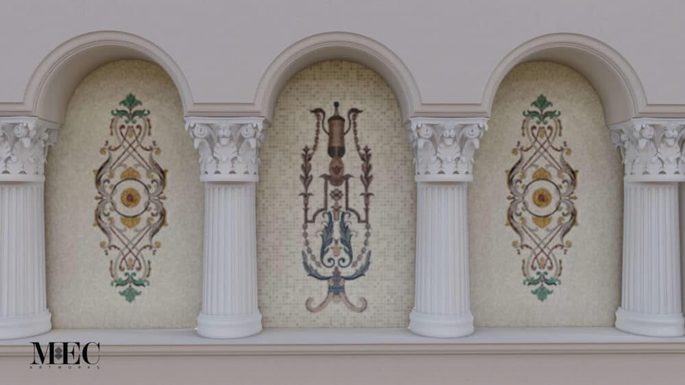 French classical house marble mosaic niche arches columns