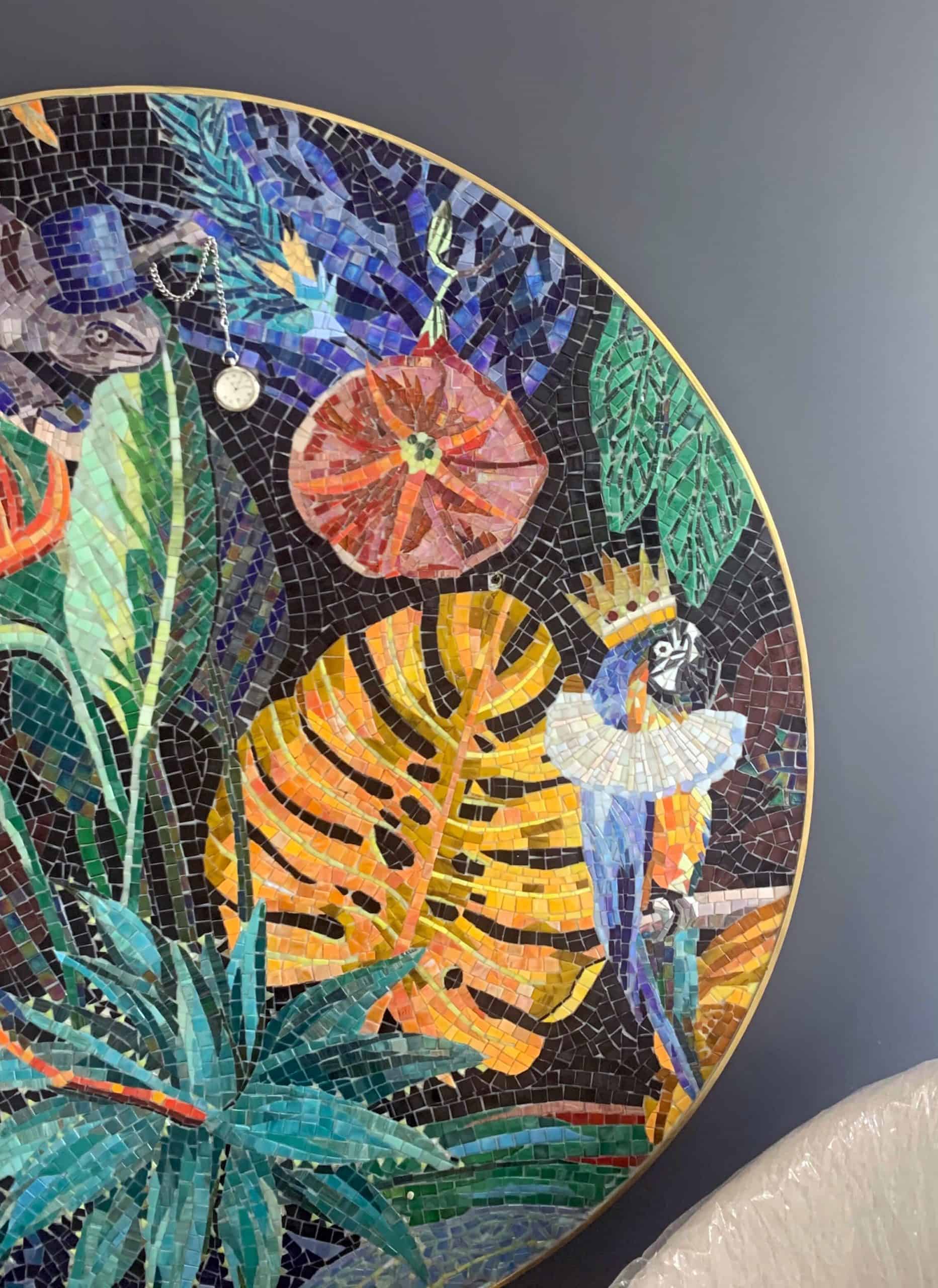 Whimsy World handcut artistic mosaic tile design murano vertex glass brass frame