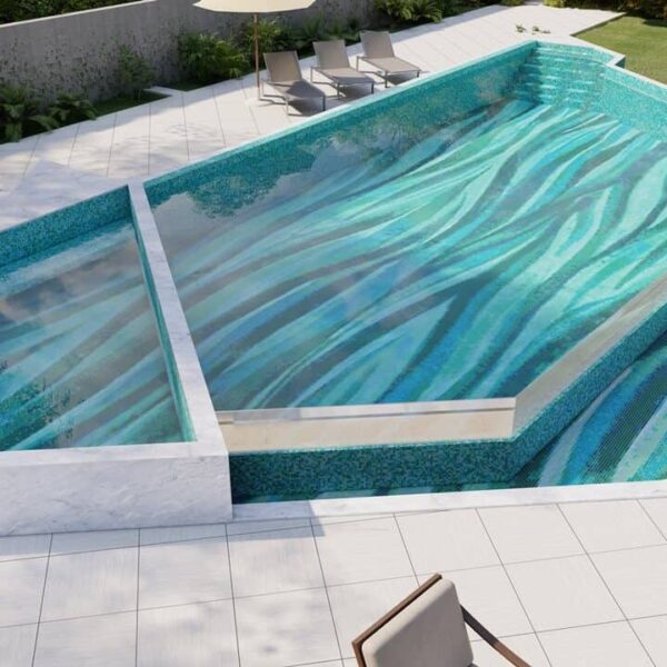 A unique pool mosaic design of fujiwa waves with trapezoid shaped swimming pool