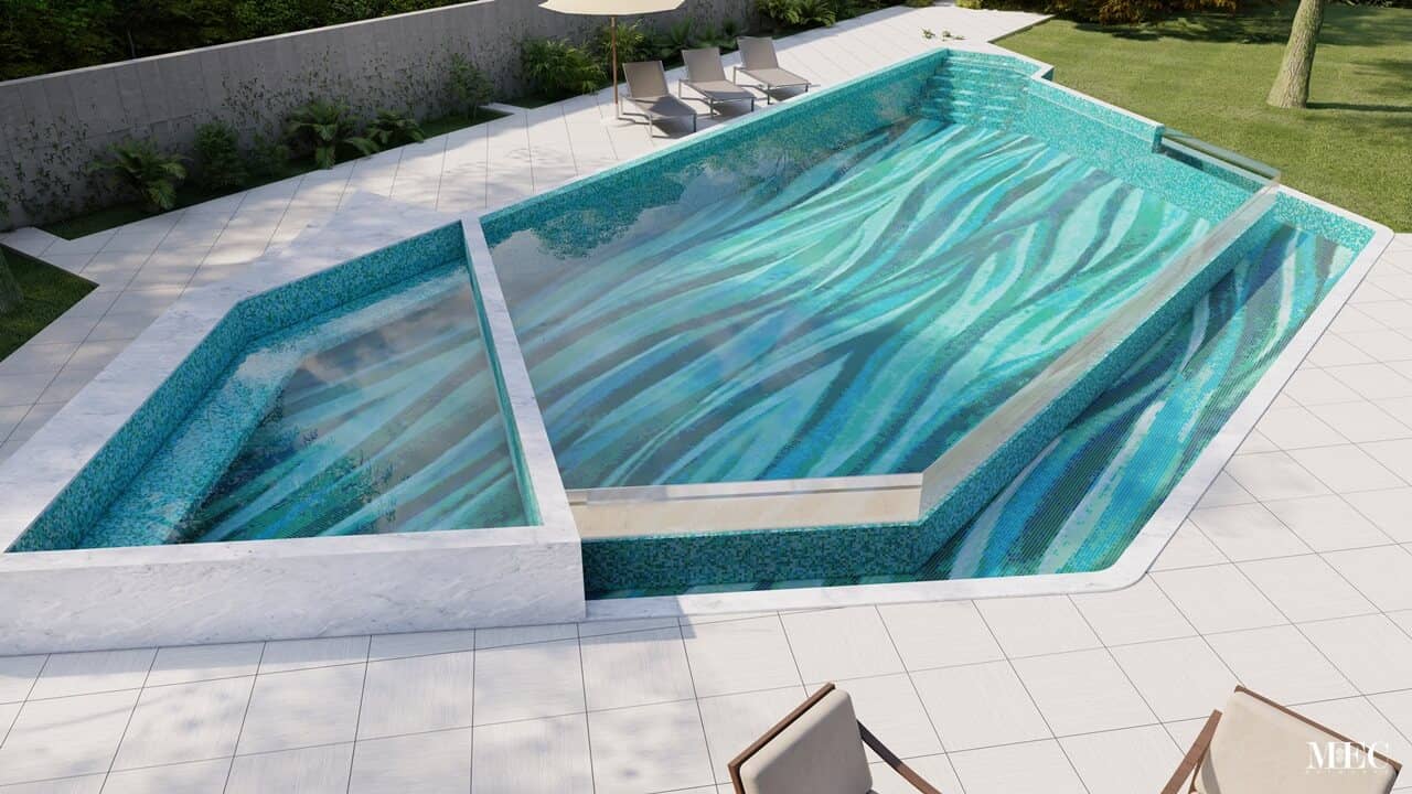 This image is showing a unique pool mosaic design of fujiwa waves trapezoid swimming pool with mosaic tile