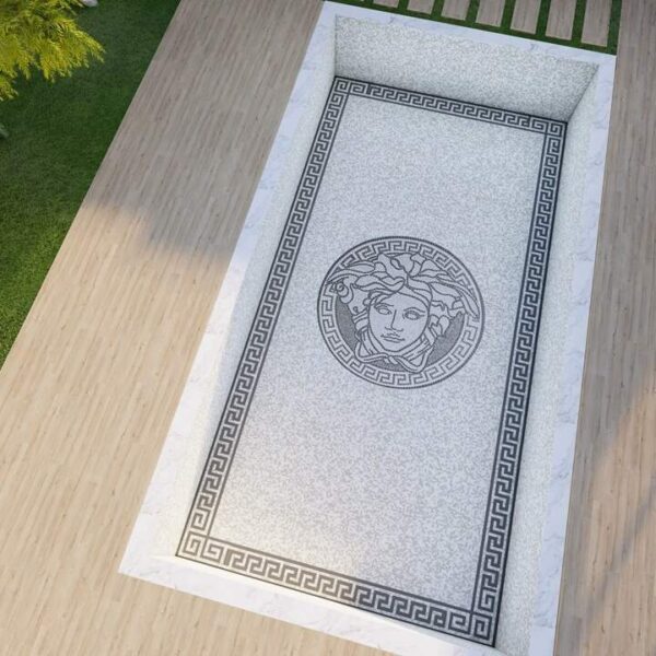glass mosaic swimming pool tiles black and white versace medusa greek key design