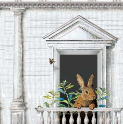 Belgian Hare balcony | Urban Wilderness art mosaic tile mural. Glass mosaic.