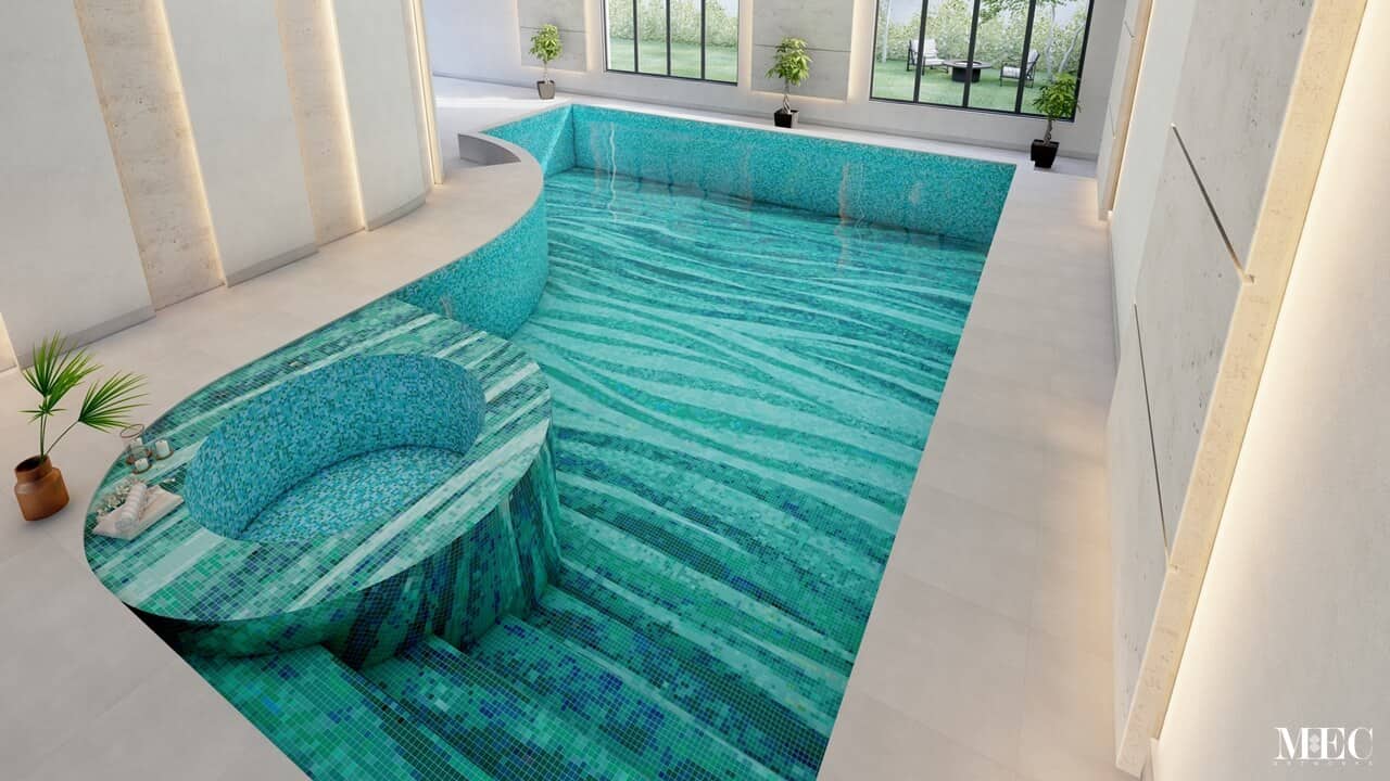 Fujiwa Wave PIXL vertex glass mosaic swimming pool tile art