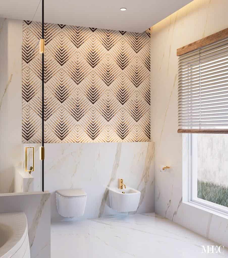 Occlon glass mosaic pattern brown and beige bathroom wall render