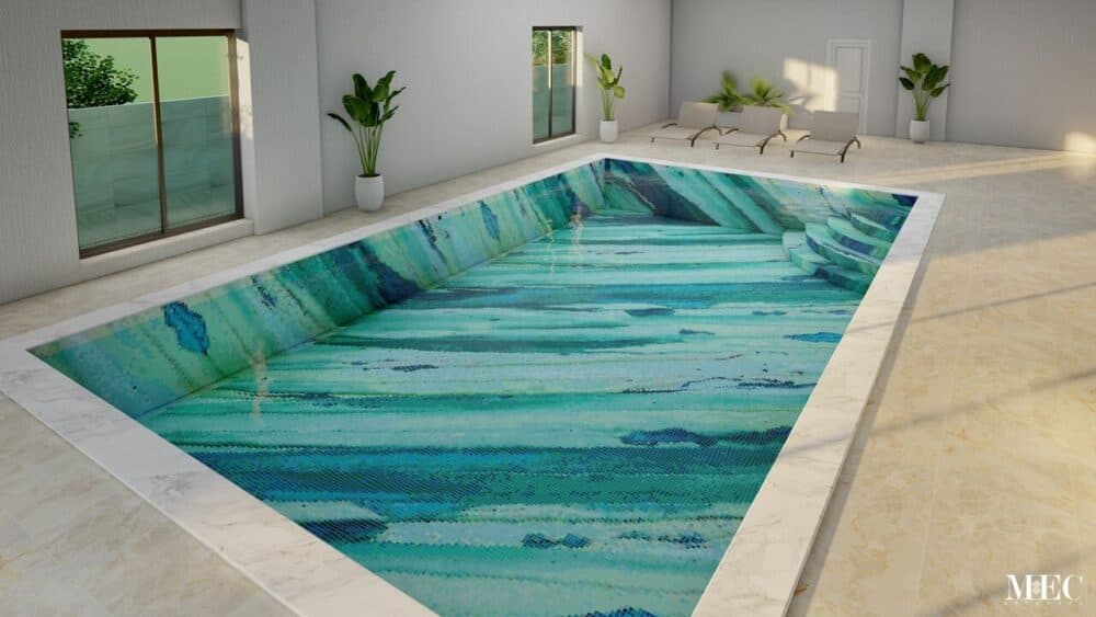 This image is showing a personalized mosaic glass tile PIXL and abstract watercolor art pool