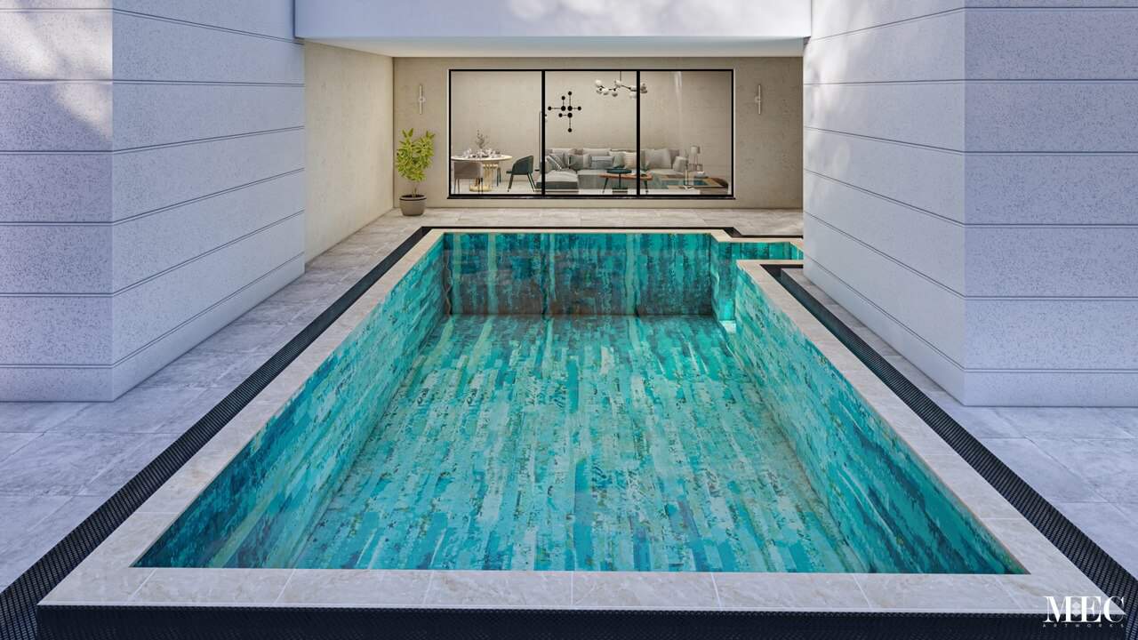 This image is showing designer made pool mosaics art for small outdoor swimming pool PIXL