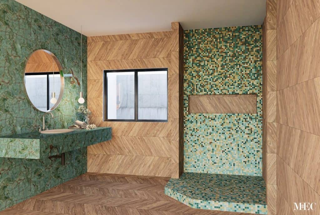 fading green glass mosaic for bathroom shower wall corner