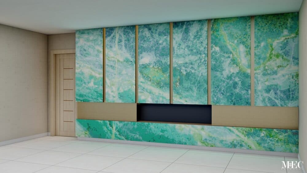 green aqua abstract glass mosaic PIXL fireplace wall panels